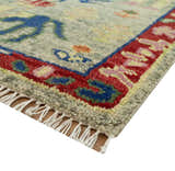 Custom Made Greenish Beige, Rust And Blue Folk Art Hand Knotted Wool Area Rug