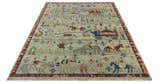 Custom Made Greenish Beige, Rust And Blue Folk Art Hand Knotted Wool Area Rug