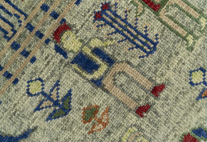 Custom Made Greenish Beige, Rust And Blue Folk Art Hand Knotted Wool Area Rug