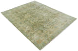 Custom Made Hand Knotted Antique Finish Green, Aqua and Beige Traditional Wool Rug