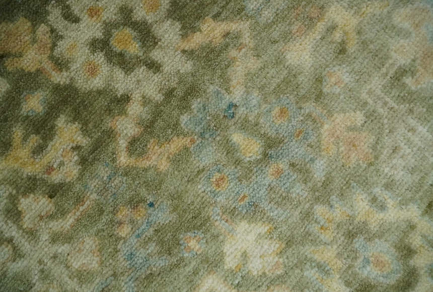 Custom Made Hand Knotted Antique Finish Green, Aqua and Beige Traditional Wool Rug