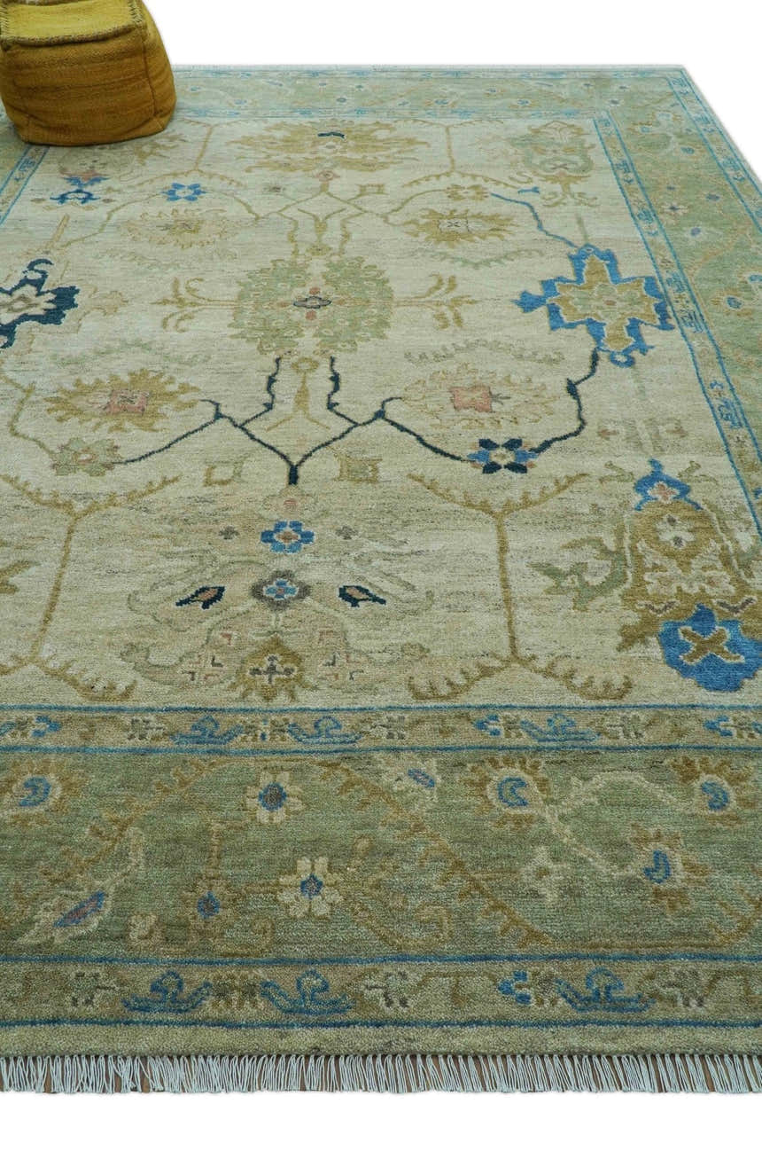 Custom Made Hand Knotted Beige and Blue Traditional Turkish Wool Rug
