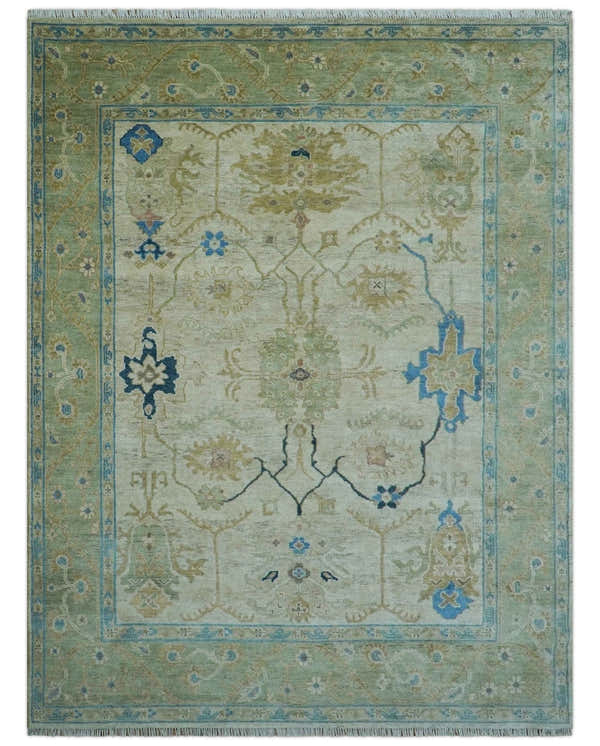 Custom Made Hand Knotted Beige and Blue Traditional Turkish Wool Rug