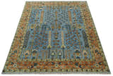 Custom Made Hand Knotted Blue and Rust Tree Design Low pile Wool Area Rug