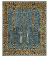Custom Made Hand Knotted Blue and Rust Tree Design Low pile Wool Area Rug