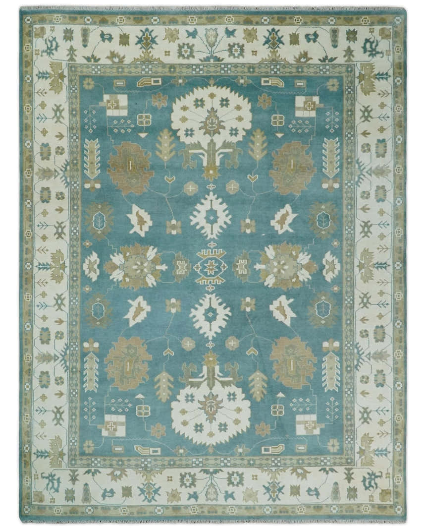 Custom Made Hand Knotted Blue, Ivory and Beige Traditional Oushak Wool Rug