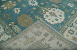 Custom Made Hand Knotted Blue, Ivory and Beige Traditional Oushak Wool Rug