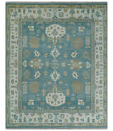Custom Made Hand Knotted Blue, Ivory and Beige Traditional Oushak Wool Rug