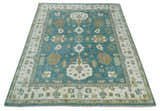 Custom Made Hand Knotted Blue, Ivory and Beige Traditional Oushak Wool Rug