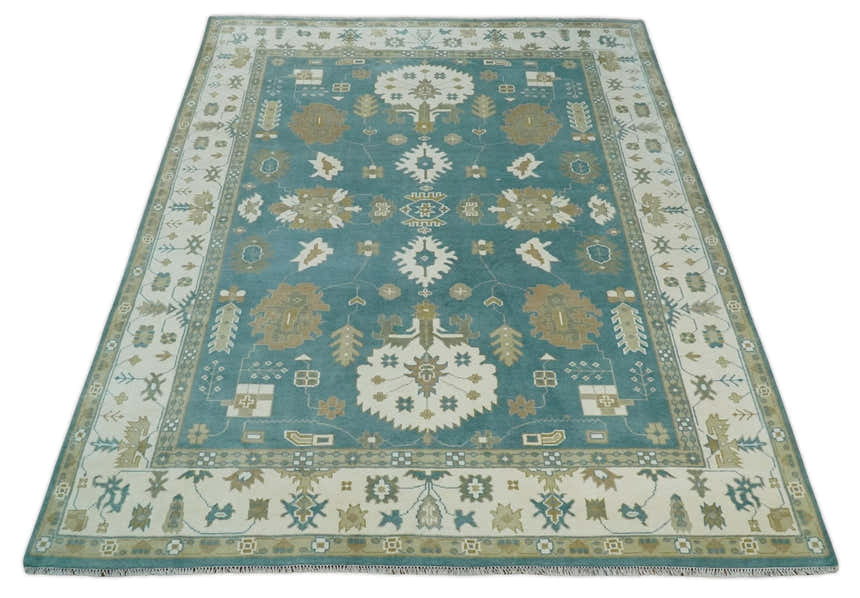 Custom Made Hand Knotted Blue, Ivory and Beige Traditional Oushak Wool Rug