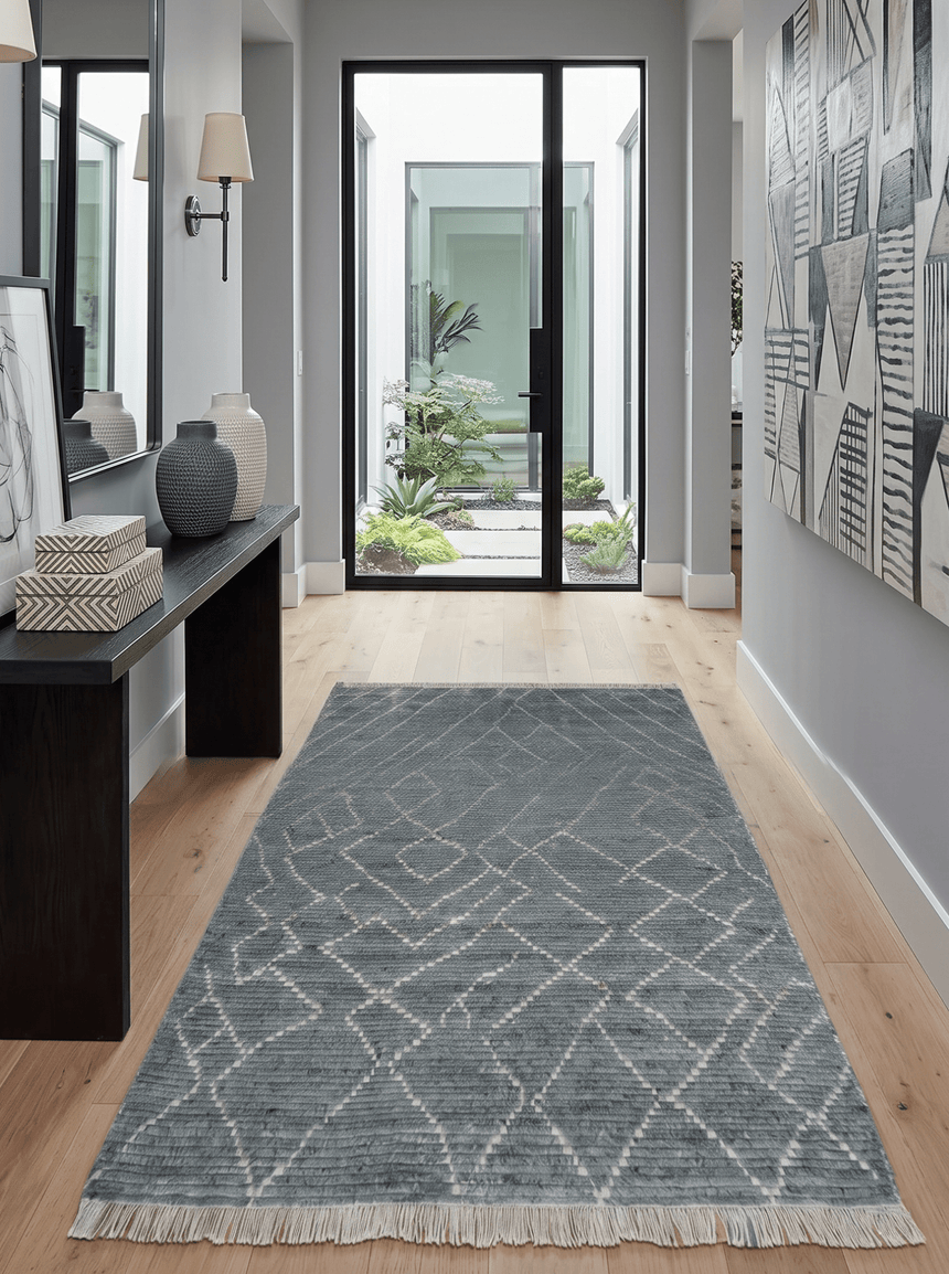 Custom Made Hand Knotted Charcoal and Ivory Moroccan Trellis Rug