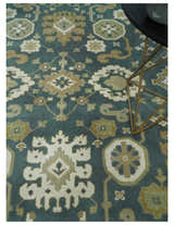 Custom Made Hand Knotted Dark Teal, Ivory and Beige Traditional Multi Size Oushak Wool Rug