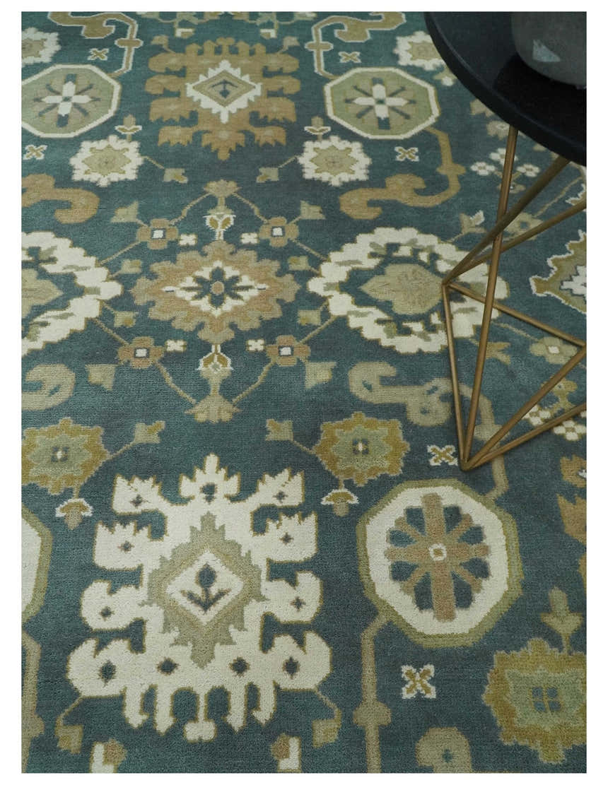 Custom Made Hand Knotted Dark Teal, Ivory and Beige Traditional Multi Size Oushak Wool Rug