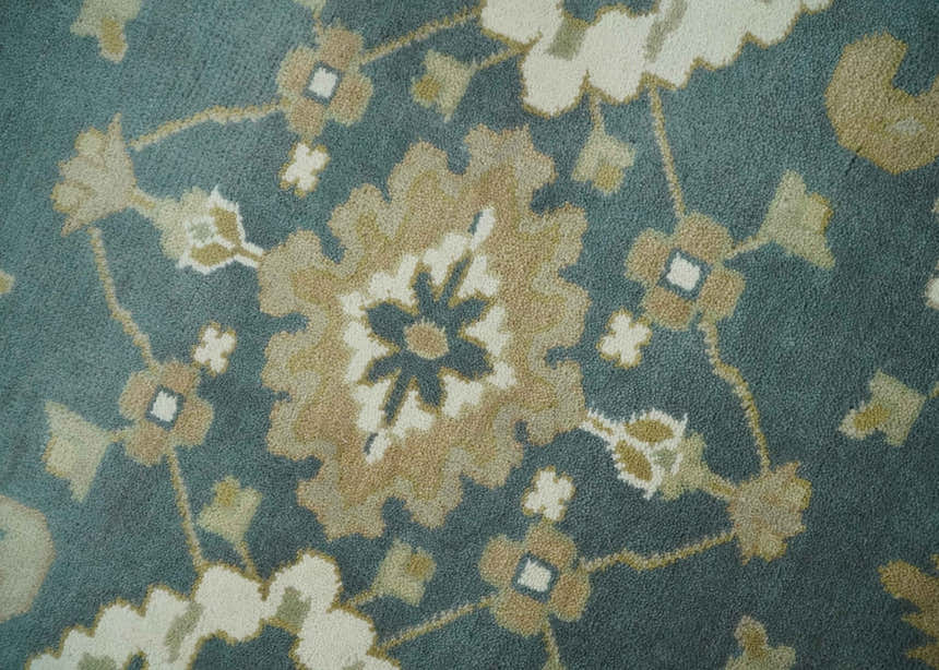 Custom Made Hand Knotted Dark Teal, Ivory and Beige Traditional Multi Size Oushak Wool Rug