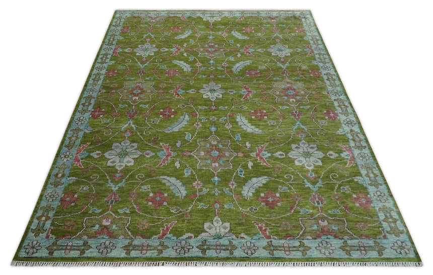 Custom Made Hand Knotted Green, Silver and Maroon Traditional Wool Area Rug