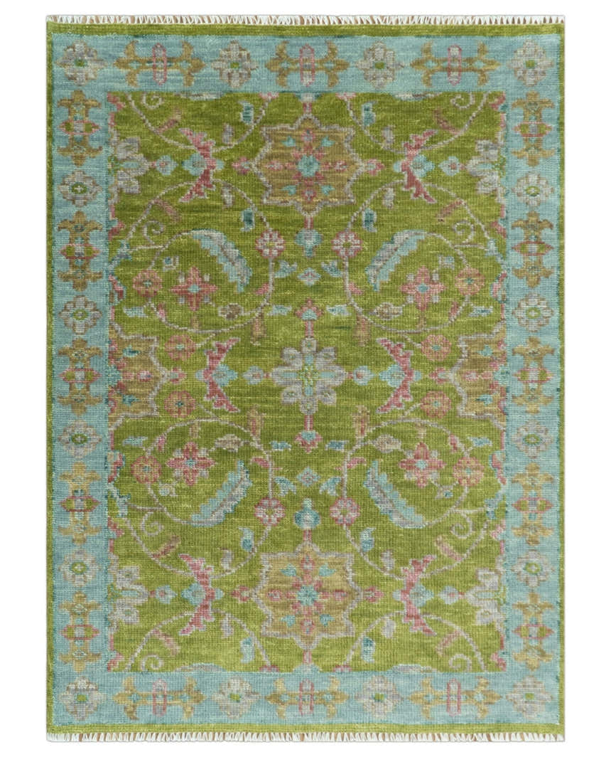 Custom Made Hand Knotted Green, Silver and Maroon Traditional Wool Area Rug