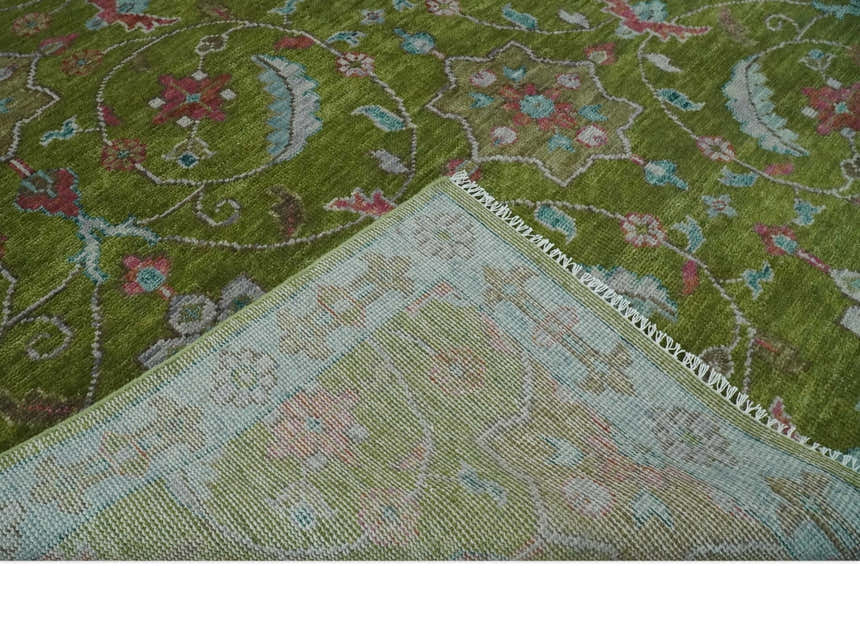 Custom Made Hand Knotted Green, Silver and Maroon Traditional Wool Area Rug