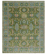 Custom Made Hand Knotted Green, Silver and Peach Traditional Oushak Wool Area Rug