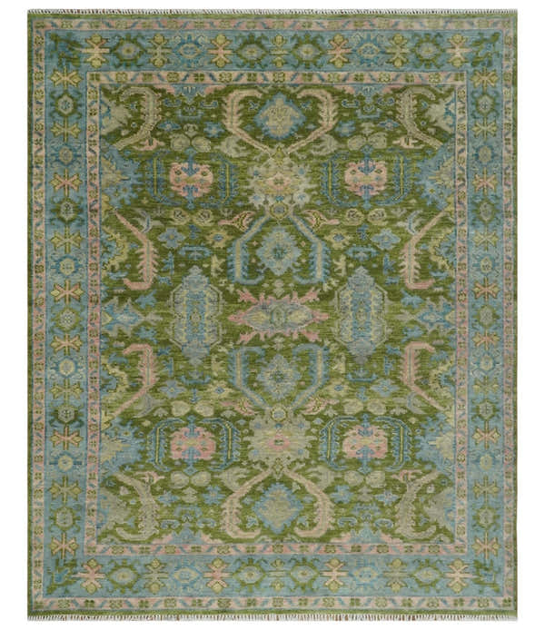 Custom Made Hand Knotted Green, Silver and Peach Traditional Oushak Wool Area Rug