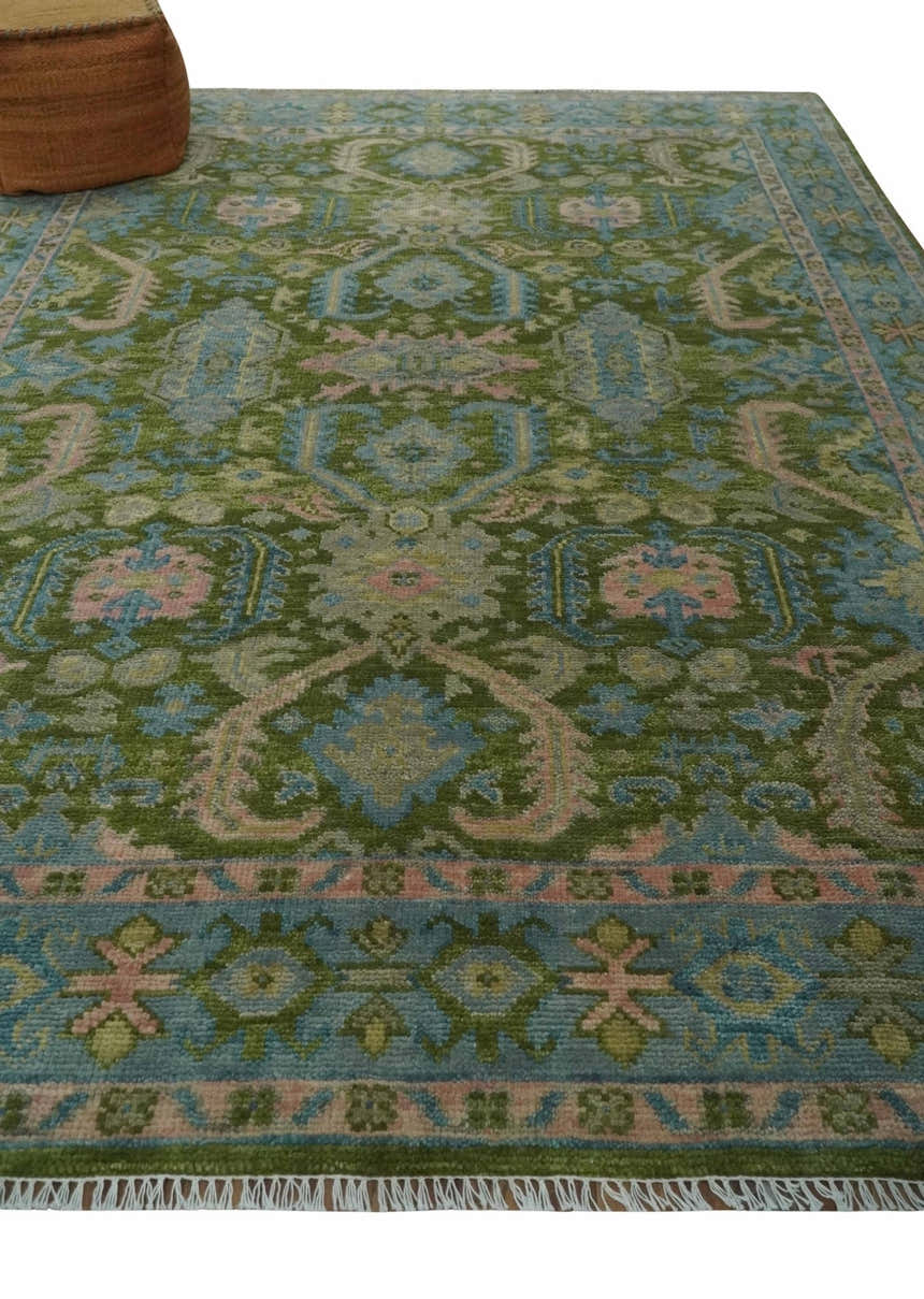 Custom Made Hand Knotted Green, Silver and Peach Traditional Oushak Wool Area Rug