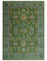Custom Made Hand Knotted Green, Silver and Peach Traditional Oushak Wool Area Rug