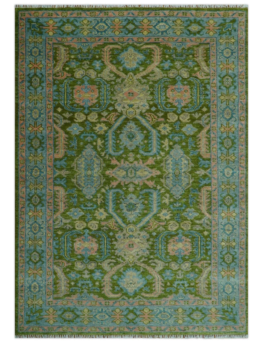 Custom Made Hand Knotted Green, Silver and Peach Traditional Oushak Wool Area Rug
