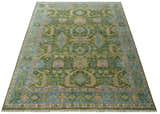 Custom Made Hand Knotted Green, Silver and Peach Traditional Oushak Wool Area Rug