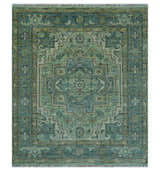 Custom Made Hand Knotted Green and Taupe Traditional wool rug