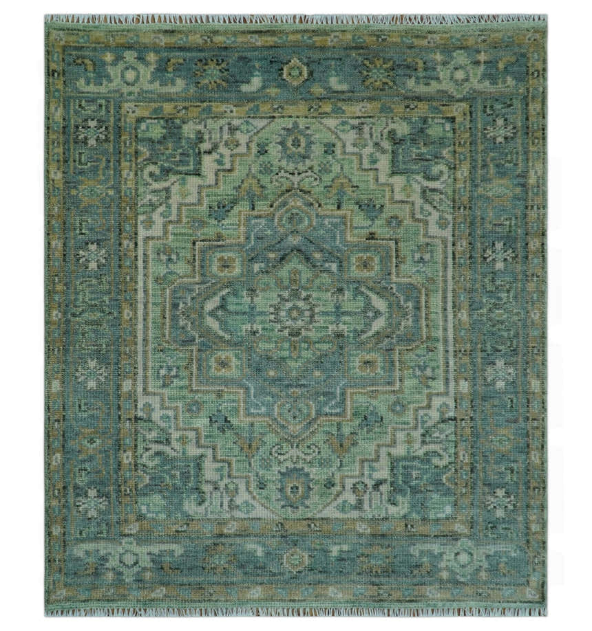 Custom Made Hand Knotted Green and Taupe Traditional wool rug
