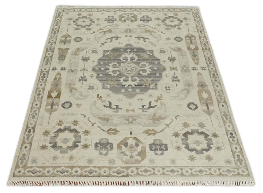 Custom Made Hand Knotted Ivory and Charcoal Medallion Pattern Wool Area Rug