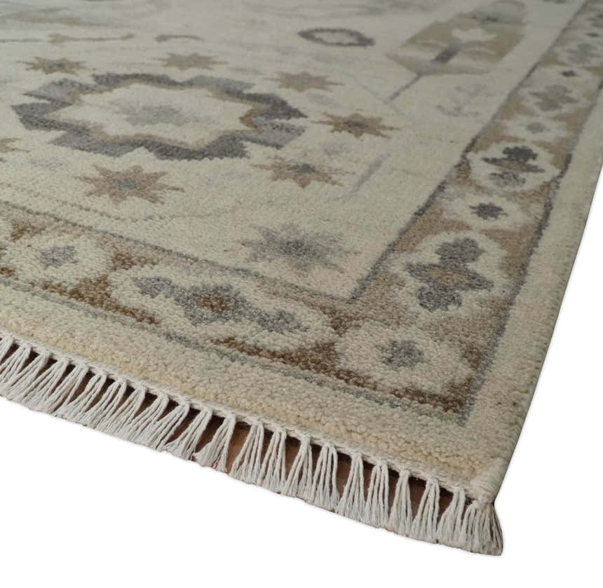 Custom Made Hand Knotted Ivory and Charcoal Medallion Pattern Wool Area Rug