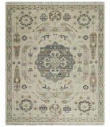 Custom Made Hand Knotted Ivory and Charcoal Medallion Pattern Wool Area Rug