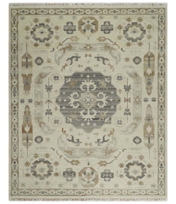 Custom Made Hand Knotted Ivory and Charcoal Medallion Pattern Wool Area Rug