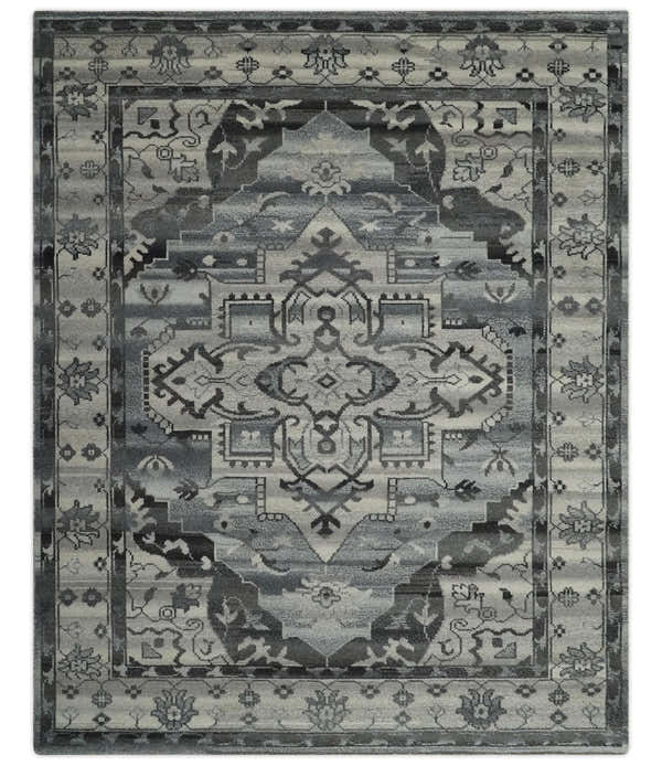 Custom Made Hand Knotted Ivory and Charcoal Traditional Wool Area Rug