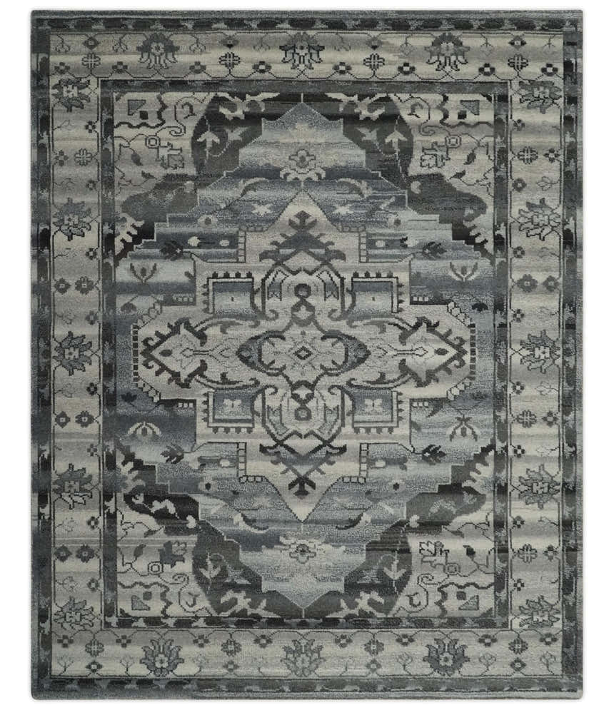Custom Made Hand Knotted Ivory and Charcoal Traditional Wool Area Rug