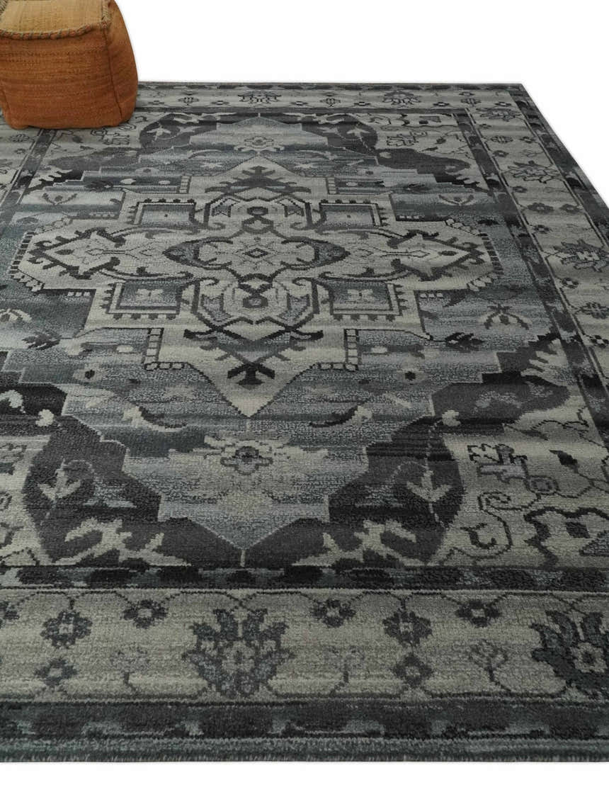 Custom Made Hand Knotted Ivory and Charcoal Traditional Wool Area Rug