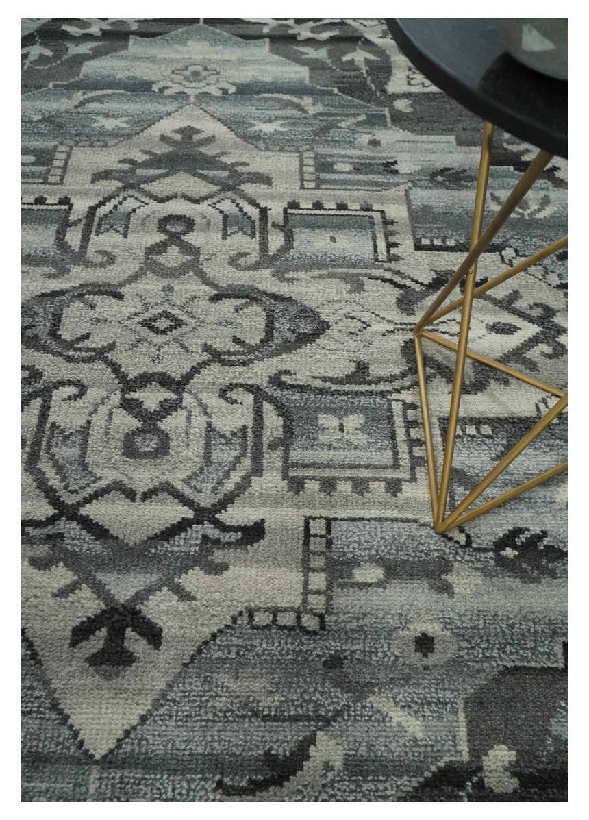 Custom Made Hand Knotted Ivory and Charcoal Traditional Wool Area Rug