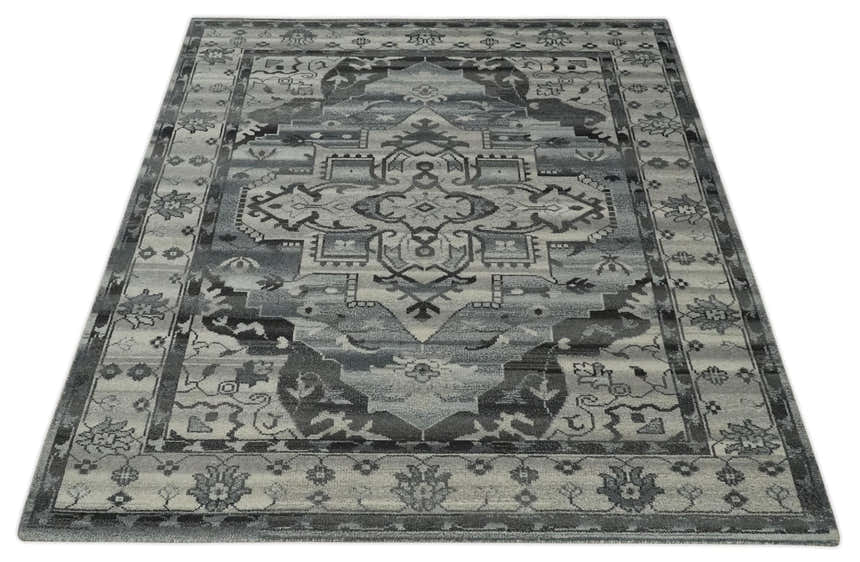 Custom Made Hand Knotted Ivory and Charcoal Traditional Wool Area Rug