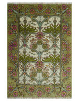 Custom Made Hand Knotted Ivory and Green Floral Traditional Antique Style Wool Area Rug
