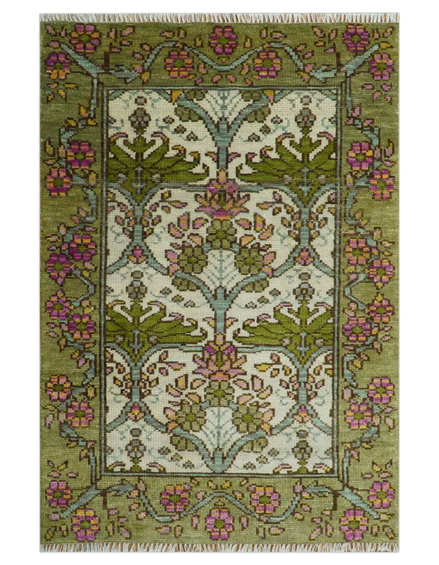 Custom Made Hand Knotted Ivory and Green Floral Traditional Antique Style Wool Area Rug
