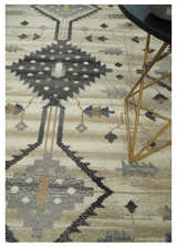 Custom Made Hand Knotted Ivory, Charcoal and Beige Traditional Wool Area Rug