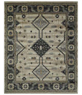 Custom Made Hand Knotted Ivory, Charcoal and Beige Traditional Wool Area Rug