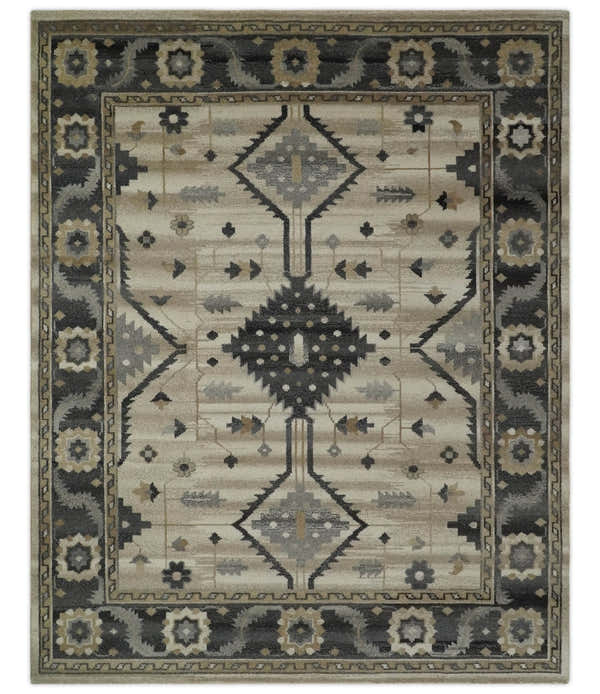 Custom Made Hand Knotted Ivory, Charcoal and Beige Traditional Wool Area Rug