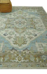 Custom Made Hand Knotted Ivory, Olive and Light Blue Traditional Wool Area Rug