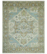 Custom Made Hand Knotted Ivory, Olive and Light Blue Traditional Wool Area Rug