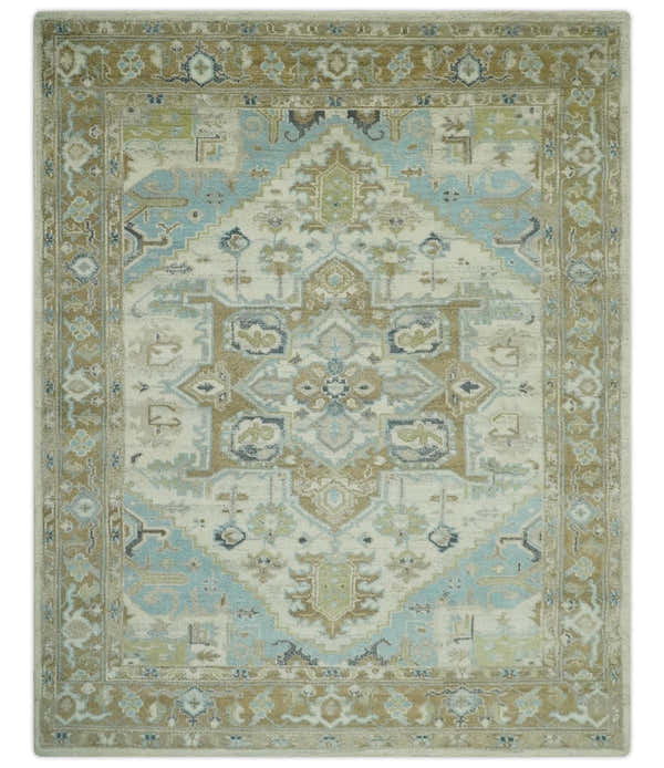 Custom Made Hand Knotted Ivory, Olive and Light Blue Traditional Wool Area Rug