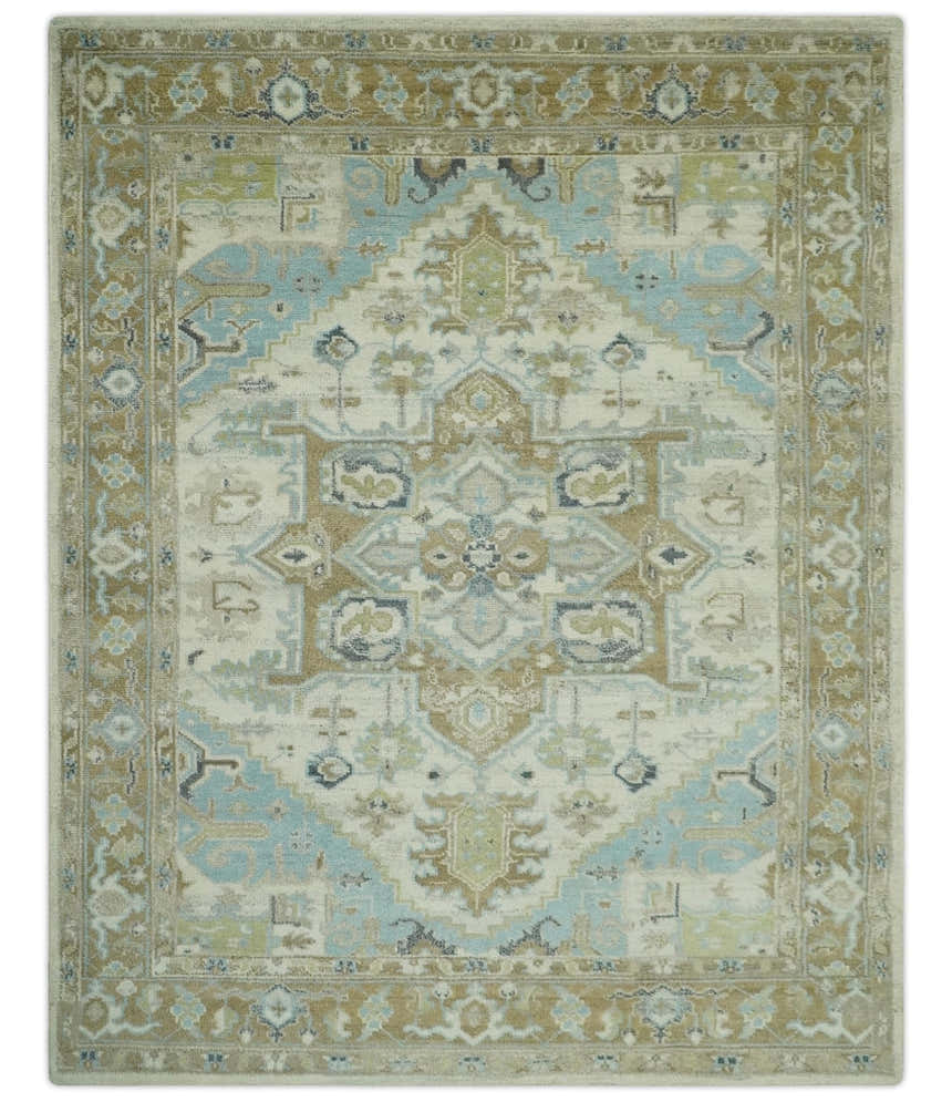Custom Made Hand Knotted Ivory, Olive and Light Blue Traditional Wool Area Rug