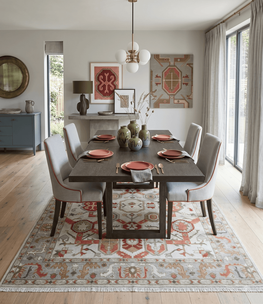 Custom Made Hand Knotted Ivory, Silver and Rust Traditional Wool Area Rug