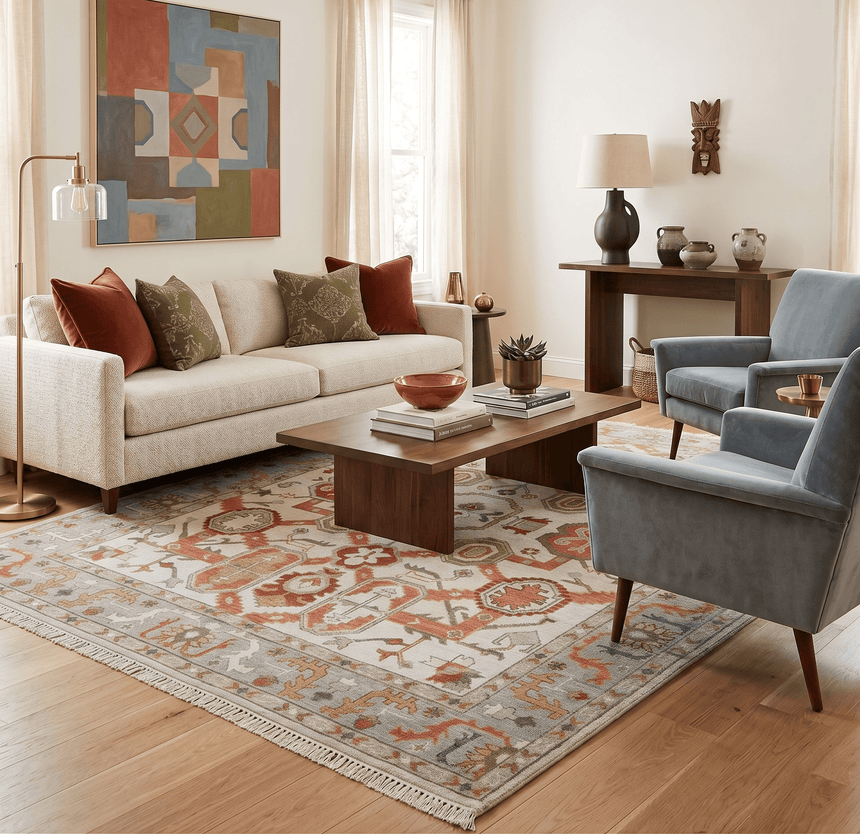 Custom Made Hand Knotted Ivory, Silver and Rust Traditional Wool Area Rug