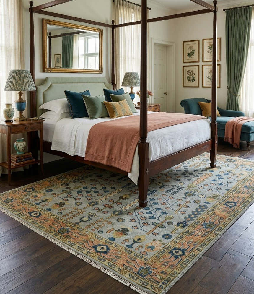 Custom Made Hand Knotted Living Room and Bedroom Rug Rust and Silver Traditional Turkish Style Wool Rug